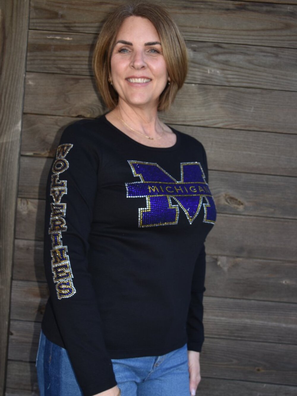 Michigan Wolverines rhinestone Long sleeve shirt SZ XS S M L XL XXL 1X 2X3X4X 5X